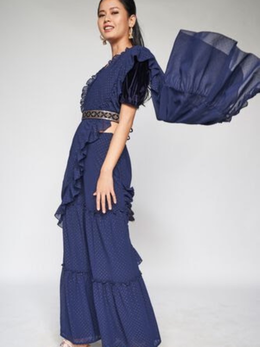 Navy Embellished Flared Stitched Saree